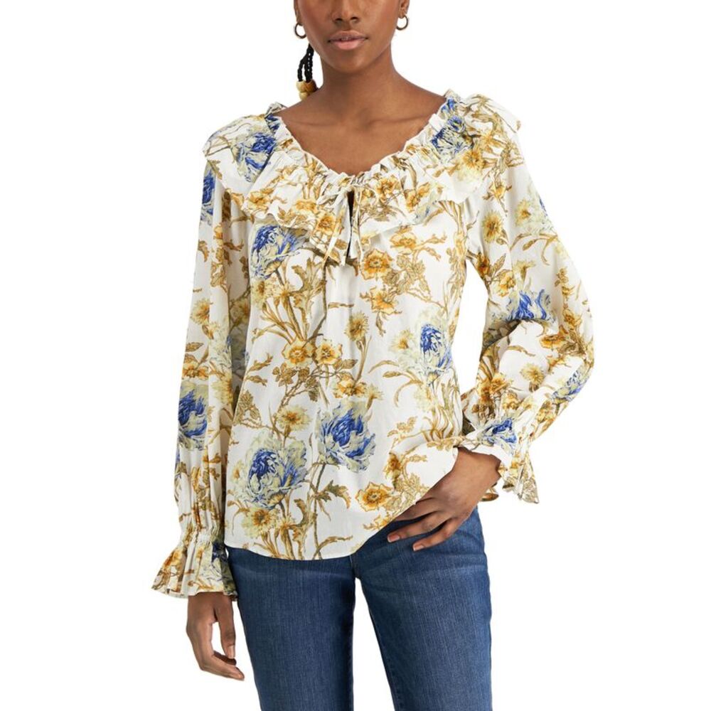 INC International Concepts Printed Cotton Ruffled Blouse